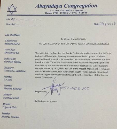 Carta Comunidad Abayudaya