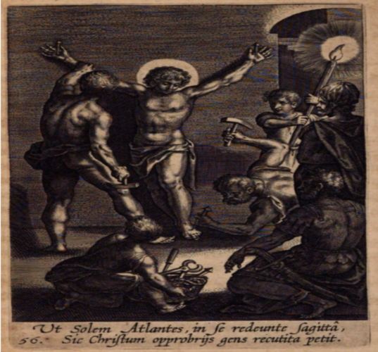 Pedro de Bivero: Sacrum sanctuarium crucis et patientiae crucifixorum et cruciferorum, emblematicis imaginibus laborantium et aegrotantium ornatum..., Amberes, Baltasar Moreto, 1634. Saint Richard de Pontoise-Ricardus Gallus. Ejemplar de la Universidad Co